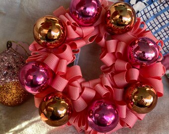Wreath Ornament Small 4.5” Coral Ribbon Vintage Pink Orange Ornaments
