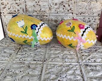 Huevos de azúcar hechos a mano, juego grande de 2, de papel maché, decoración de Pascua, primavera, juego imaginativo.