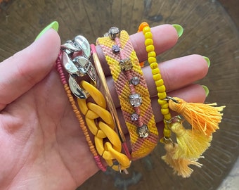 Juego de pulseras de 5 joyas de color rosa y amarillo con diamantes de imitación para el brazo, dulces, bohemios, hechos a mano, divertidos, brillantes, de verano, juguetones, envío gratis