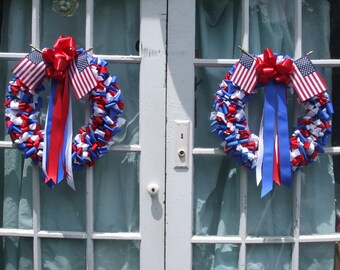 Wreath Patriotic Wreaths 18 inch Pair Red White Cobalt Blue Ribbon Idependence Day