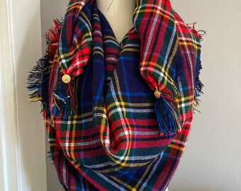 Pañuelo de manta Plaid Rojo Azul Negro Amarillo Verde Blanco Invierno Acogedor Tejido Vintage Ecológico Acrílico Italia Botones Vintage Borlas Holanda