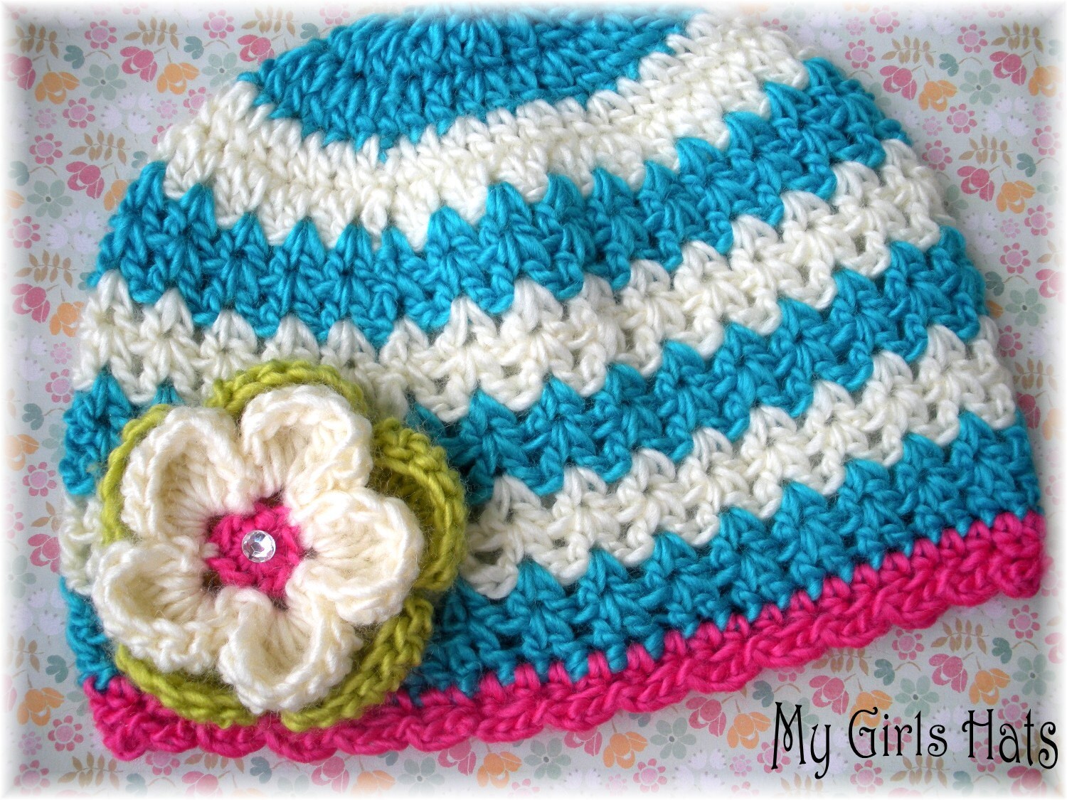 Razmatazz-Chevron Crochet Hat-Turquoise-Hot Pink-Lime | Etsy