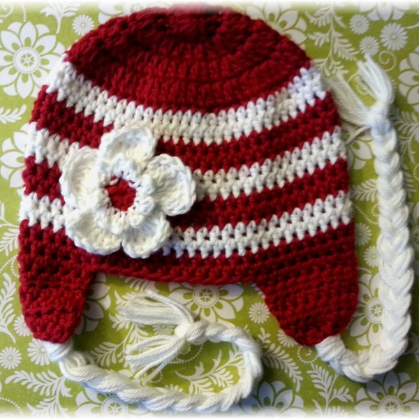 Christmas Wish-Deep Red/White Strip Crochet Ear Flap Hat and Flower Embelishment-Girls Hat-Baby Hat-Toddler hats-Baby Hat-Earflap Hat