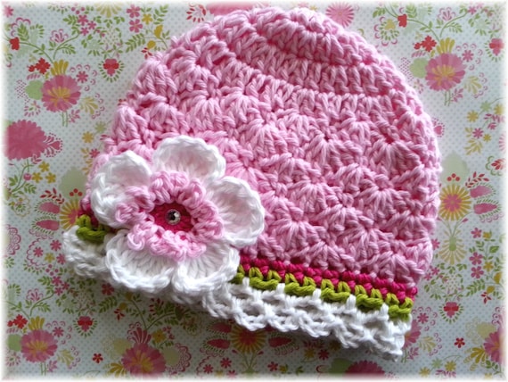 Spring Jubilee-pink Crochet Hat-hot Pink-lime Stripe-white Trim