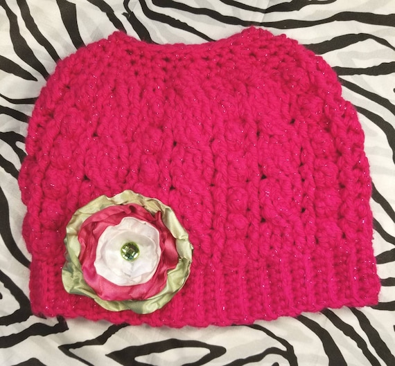 Messy Bun-pony Tail Hat- Hat W/ Pink Green Fabric Flower -womans