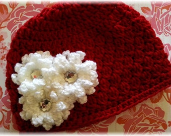 Miss Snowflake-Crochet Red Hat w/ All White Chrochet Flower Cluster Clip-Girls/Toddler Hat-Adult Hat-Holiday/Winter Hat-Photo Prop-Crochet