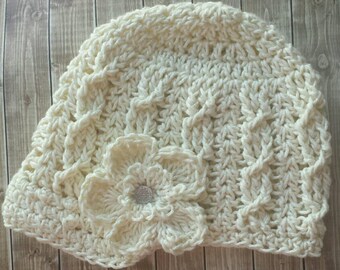 Cream Cables #1 Crochet Hat w/ Brim-Newsboy Hat- Cream Flower Clip-Photo Prop-Girls Hat-Toddler Hat-Baby Hat-Women's hat