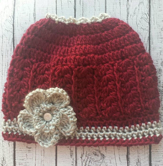 Messy Bun Pony Tail Burgundy Crochet Hat W/ Grey Flower -girls