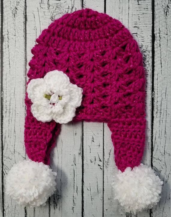 Berry Fun! Crochet Ear Flap Hat W/pom Poms and Flower Embelishment