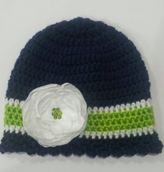 Touchdown! Crochet Hats -navy -green -white Hat Fabric Flower