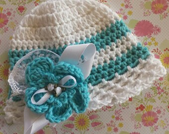 Turquise & White Hat- Flower Clip-Baby Hat-Toddler hat - children hat -Spring Hat- Crochet Hat