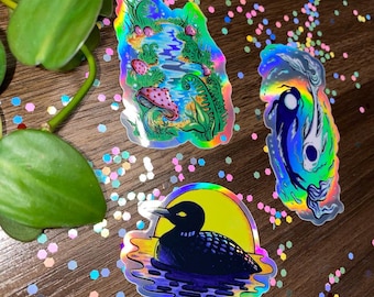 Holographic Sticker Pack: Trippy Sunset, Loon, Lagoon - Weather Resistant (x3)