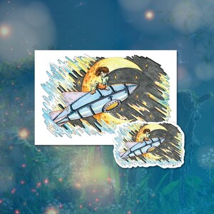 Paquete especial de impresión de postales y pegatinas resistentes al agua y a la intemperie con diseño de cohete infantil, luna creciente, espacio exterior y galaxia