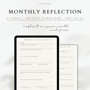 Peut inclure: Un journal de réflexion mensuel imprimable avec des sections pour suivre les niveaux d'énergie, les points forts, les moments mémorables, les défis, les leçons apprises, la gratitude et le lâcher-prise. Le journal est conçu pour vous aider à réfléchir à votre mois et à grandir.