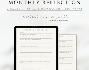 Maandelijks reflectiedagboek, pdf-werkblad minimalistische zelfreflectie, afdrukbare sjabloon maandelijkse recensie