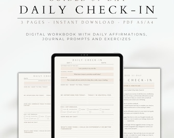Check-in diário, caderno de exercícios digital para impressão, caderno de exercícios de check-in diário, prompts de diário, revisão diária, reflexão sobre autocuidado