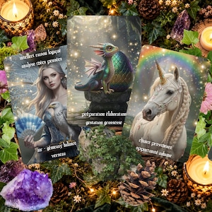 May include: Three oracle cards featuring a woman with a hawk and fan, a small dragon with an egg, and a white unicorn with a rainbow. The cards display text including intellect, raison logique, analyse, idées, pensées, préparation, élaboration, gestation, grossesse, chance, providence, opportunité, aubaine, air, gémeaux, balance, and verseau.