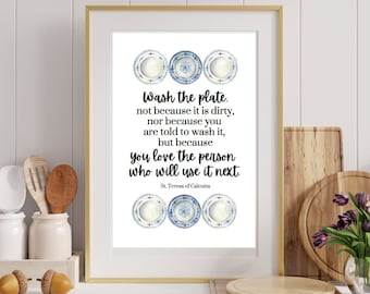 Wash the Plate.  St. Teresa of Calcutta printable quote.  Digital print.  Catholic saint. Wall art.