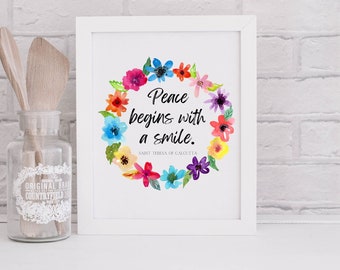 Peace Begins with a Smile.  St. Teresa of Calcutta printable quote.  Catholic saint.
