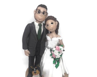 Custom wedding cake topper, Bride and groom with pet cake topper, personalized cake topper, Mr and Mrs cake topper,  DEPOSIT ONLY