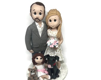 Custom wedding cake topper, personalized cake topper, Bride and groom cake topper with Pets and children DEPOSIT ONLY