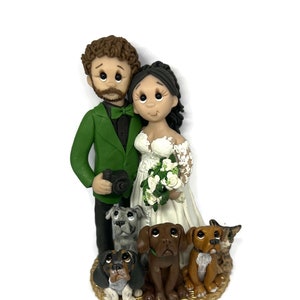 Tall groom with short bride and pets personalized Wedding Cake Topper DEPOSIT ONLY