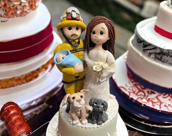 Personalized Wedding Cake Topper with Bride, Fireman Groom with Baby and 2 dogs