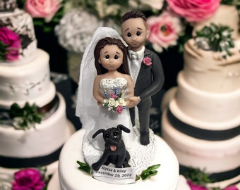 CUSTOM Polymer Clay Figurine Wedding Cake TOPPER Bride and Groom With Pet Gift For Cute Couple