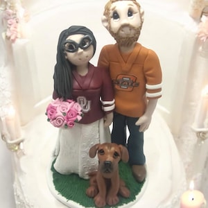 Bride and Groom wearing sports jerseys with Labrador retriever custom made wedding cake topper DEPOSIT ONLY