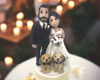 Bride & Groom with dogs Custom Handmade Wedding Cake Topper DEPOSIT ONLY