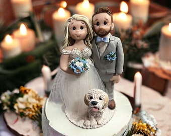 Bride & Groom with a Goldendoodle Dog Custom Handmade Wedding Cake Topper By Lynn’s Little Creations
