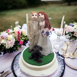 CUSTOM Polymer Clay Figurine Wedding Cake TOPPER Bride And Bride and Groom With DOG  Gift For Cute Couples