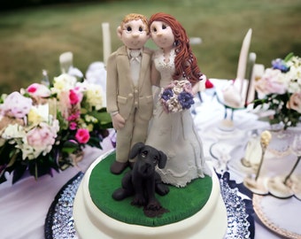 CUSTOM Polymer Clay Figurine Wedding Cake TOPPER Bride And Bride and Groom With DOG  Gift For Cute Couples