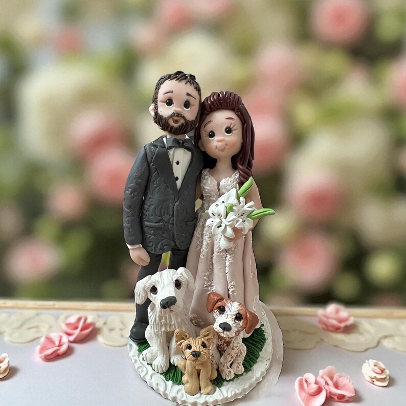 Custom Dog Lovers Wedding Cake Topper: Bride & Groom With Pets - Etsy