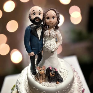 Handmade wedding cake topper custom made  bride and groom with pets DEPOSIT ONLY