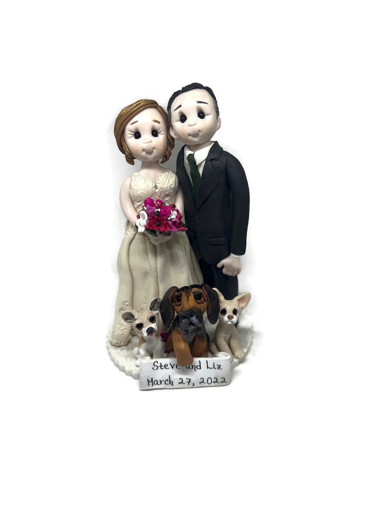 Custom Wedding Cake Topper with Pets Bride & Groom Personalized Wedding Décor DEPOSIT ONLY image 1