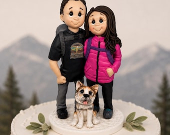 Custom Mountain Wedding Cake Topper, Personalized Couple with backpacks Figurine