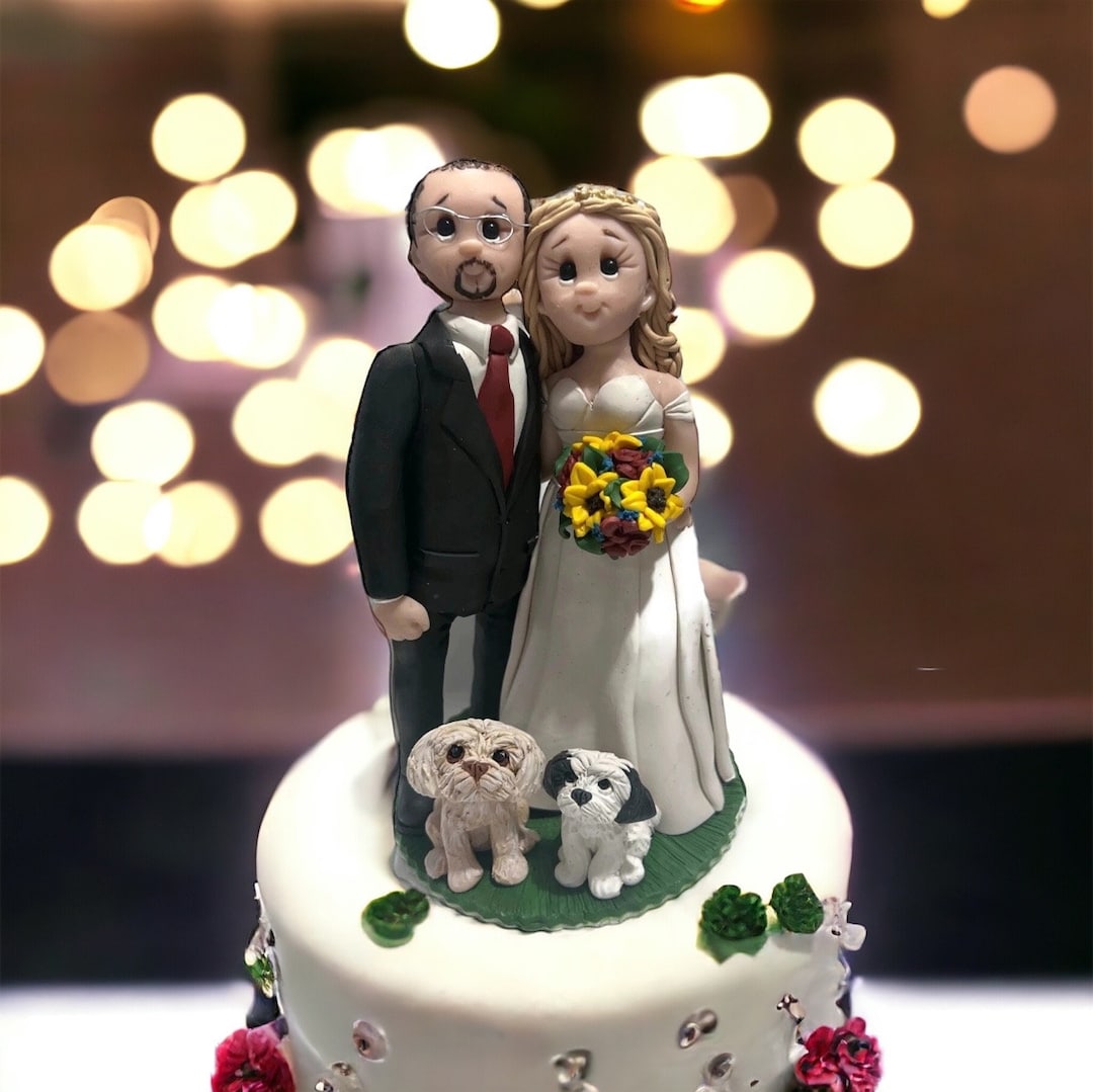 Custom Handmade Wedding Cake Topper Bride and Groom With Pets - DEPOSIT ...