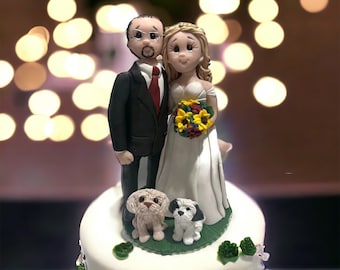 Custom Handmade Wedding Cake Topper Bride and Groom with Pets - DEPOSIT ONLY