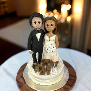 Hispanic Bride and Caucasian groom with dogs custom made wedding cake topper DEPOSIT ONLY