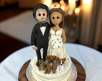 Hispanic Bride and Caucasian groom with dogs custom made wedding cake topper DEPOSIT ONLY