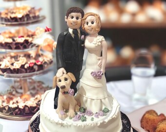 Custom wedding cake topper figurine Bride and Groom with dog handmade cake topper by Lynn’sLittleCreations