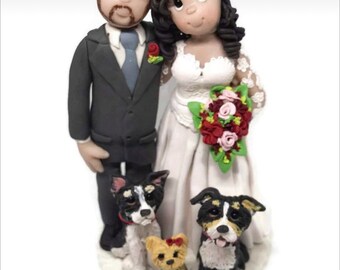 Bride and Groom with dogs Custom Handmade Wedding Cake Topper - Deposit Only