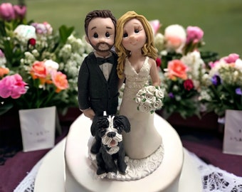 Wedding cake figures with dog, couple cake topper, keepsake cake topper by Lynn’sLittleCreations