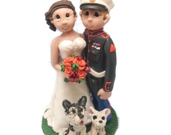 Military Wedding Cake topper, Custom wedding cake topper, personalized cake topper, Bride and groom with dogs cake topper, DEPOSIT ONLY