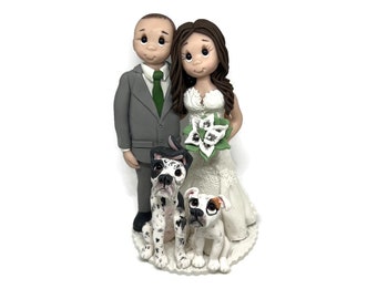 Bride and groom with dogs  custom made wedding cake topper- By Lynn’s Little Creations