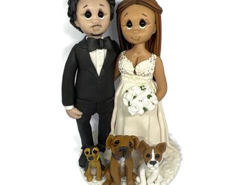 Bride and groom with dogs cake custom made wedding cake topper- By Lynn’s Little Creations