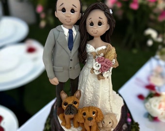 Traditional bride and groom with dogs with bunny personalized cake topper DEPOSIT ONLY