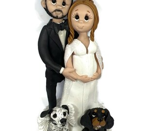 Pregnant Bride and Groom with Pets Wedding Cake topper, Custom wedding cake topper, personalized cake topper,DEPOSIT ONLY