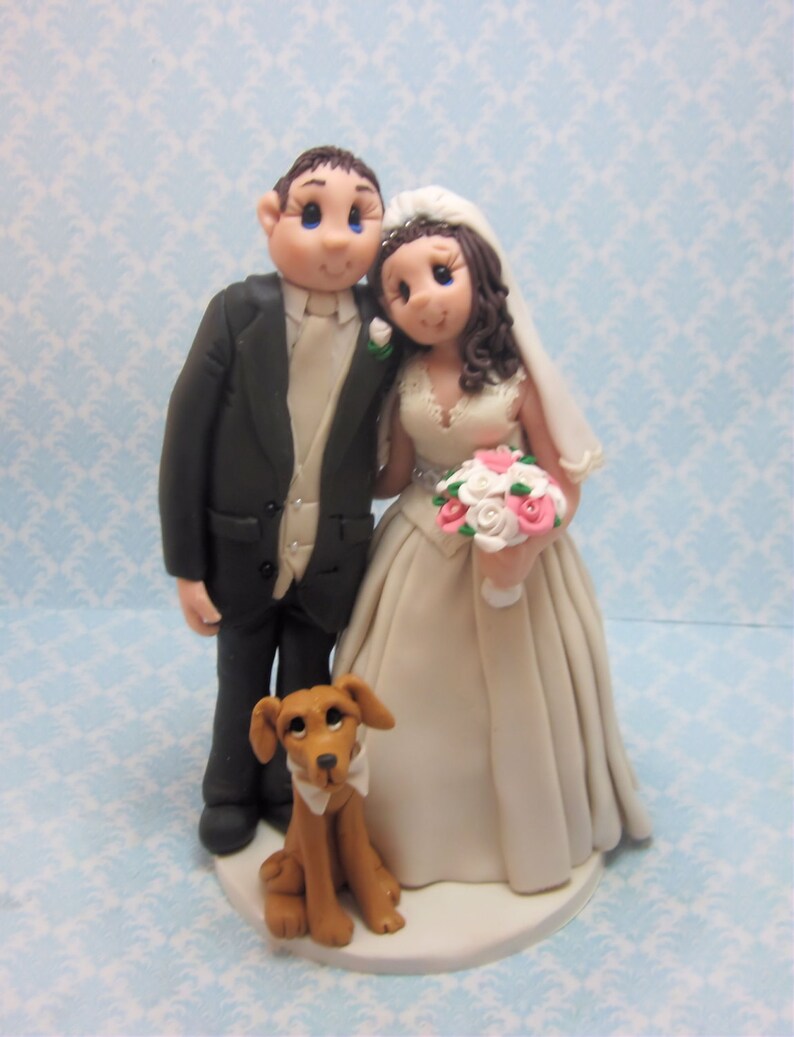 Custom Bride and Groom With Dog Wedding Cake Topper,Wedding Cake Topper, Custom Cake Topper, Bride and Groom DEPOSIT ONLY image 1